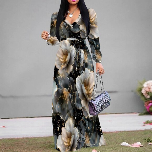 Plus Size Floral Maxi Dress Long Puff Sleeves Belt Casual Elegant Dress - Picture 4 of 7